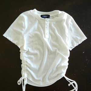 White Tshirt with side rushing detail and pearl buttons